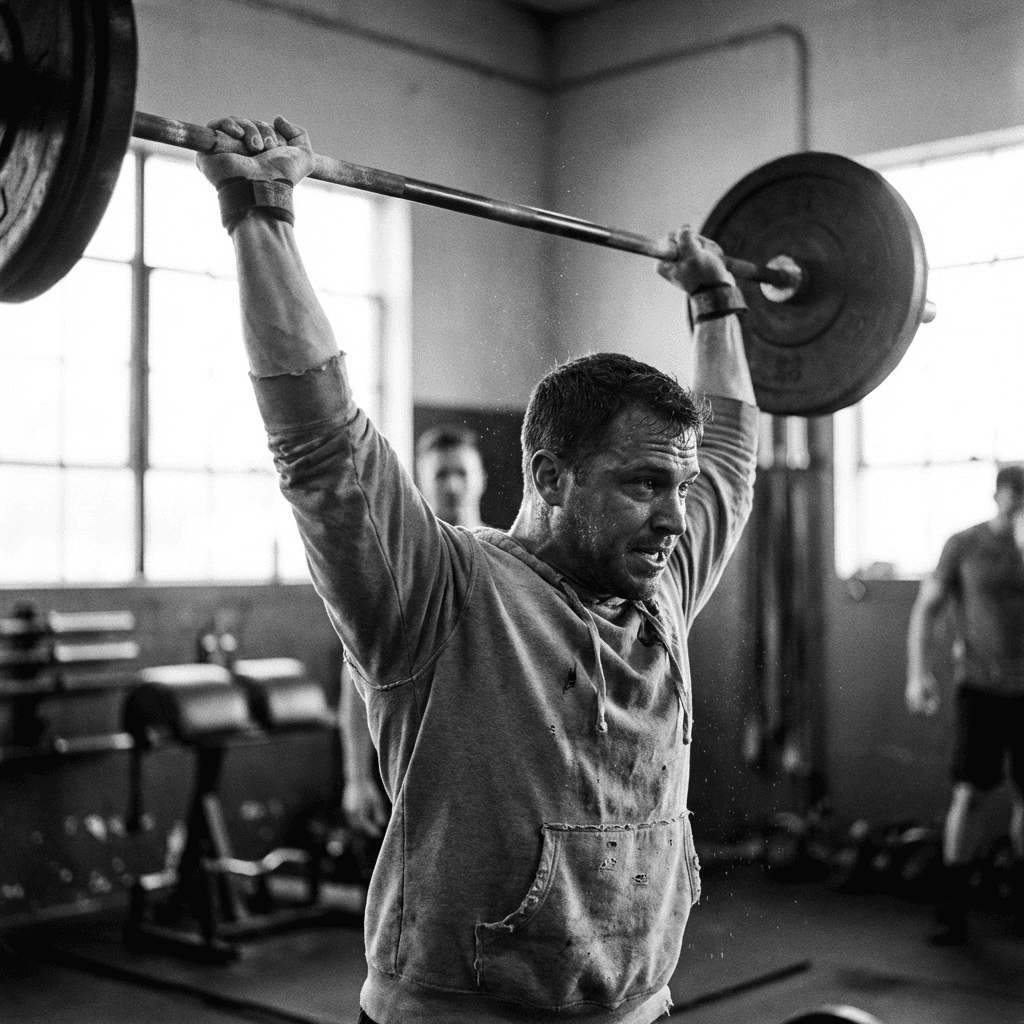 Ein Mann hebt eine schwere Langhantel über Kopf in einem Fitnessstudio, Schweiß auf seinem Gesicht zeigt Entschlossenheit. Im Hintergrund sind andere Menschen und Fitnessgeräte zu sehen. Das Bild ist schwarz-weiß.