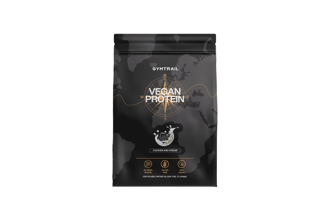 Ein schwarzer Gymtrail-Beutel für veganes Proteinpulver mit einem Weltkartenmotiv und der Aufschrift Vegan Protein in großer Schrift. Darunter steht Cookies and Cream und es werden die Vorteile hervorgehoben: Muskeln, Ernährung und Energie.