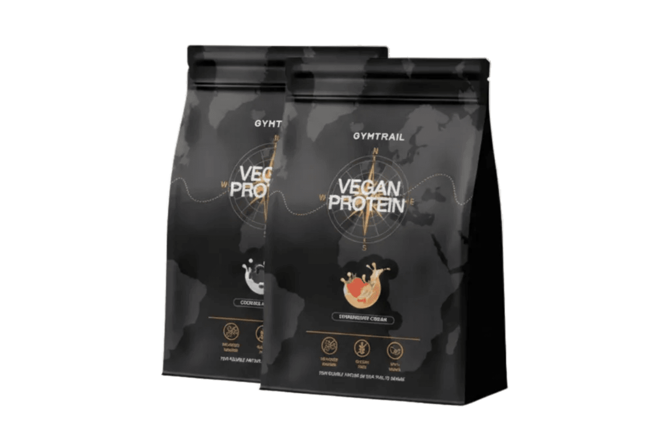 Zwei schwarze Beutel mit Gymtrail Vegan Protein sind nebeneinander abgebildet und zeigen verschiedene Geschmacksrichtungen - Kokosnuss und Erdbeersahne - vor einem dezenten Hintergrund mit einer Weltkarte.