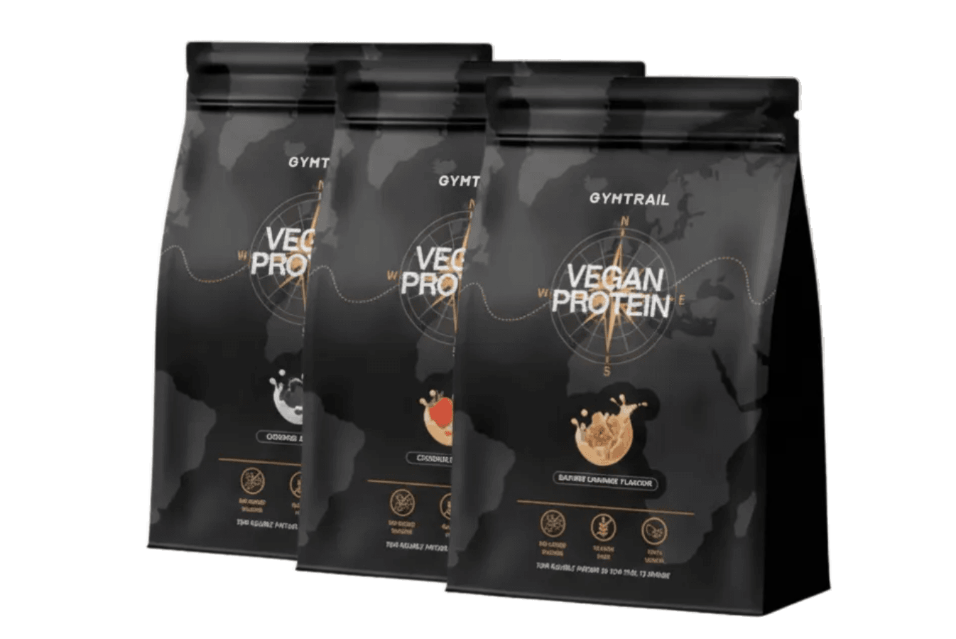 Drei schwarze Beutel mit veganem Proteinpulver von Gyhtrail werden präsentiert, jeder mit einer anderen Geschmacksrichtung: Schokolade, Erdbeere und Karamell. Die Verpackung weist minimalistische Designelemente und eine Kompassgrafik auf.