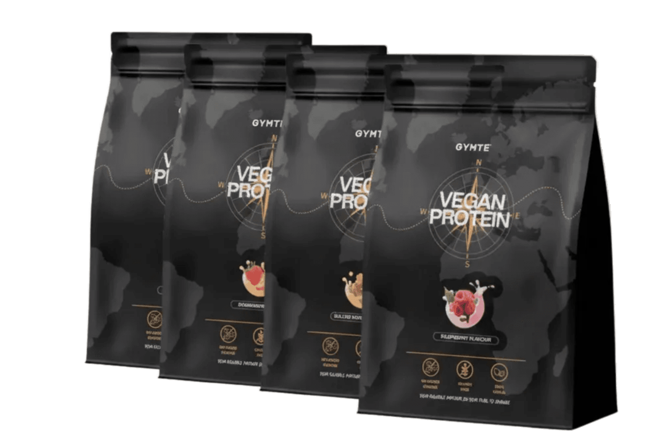 Vier schwarze Beutel mit veganem Proteinpulver sind in einer Reihe ausgestellt, die jeweils mit verschiedenen Geschmacksrichtungen und goldenen Akzenten versehen sind. Auf der Verpackung stehen der Markenname 