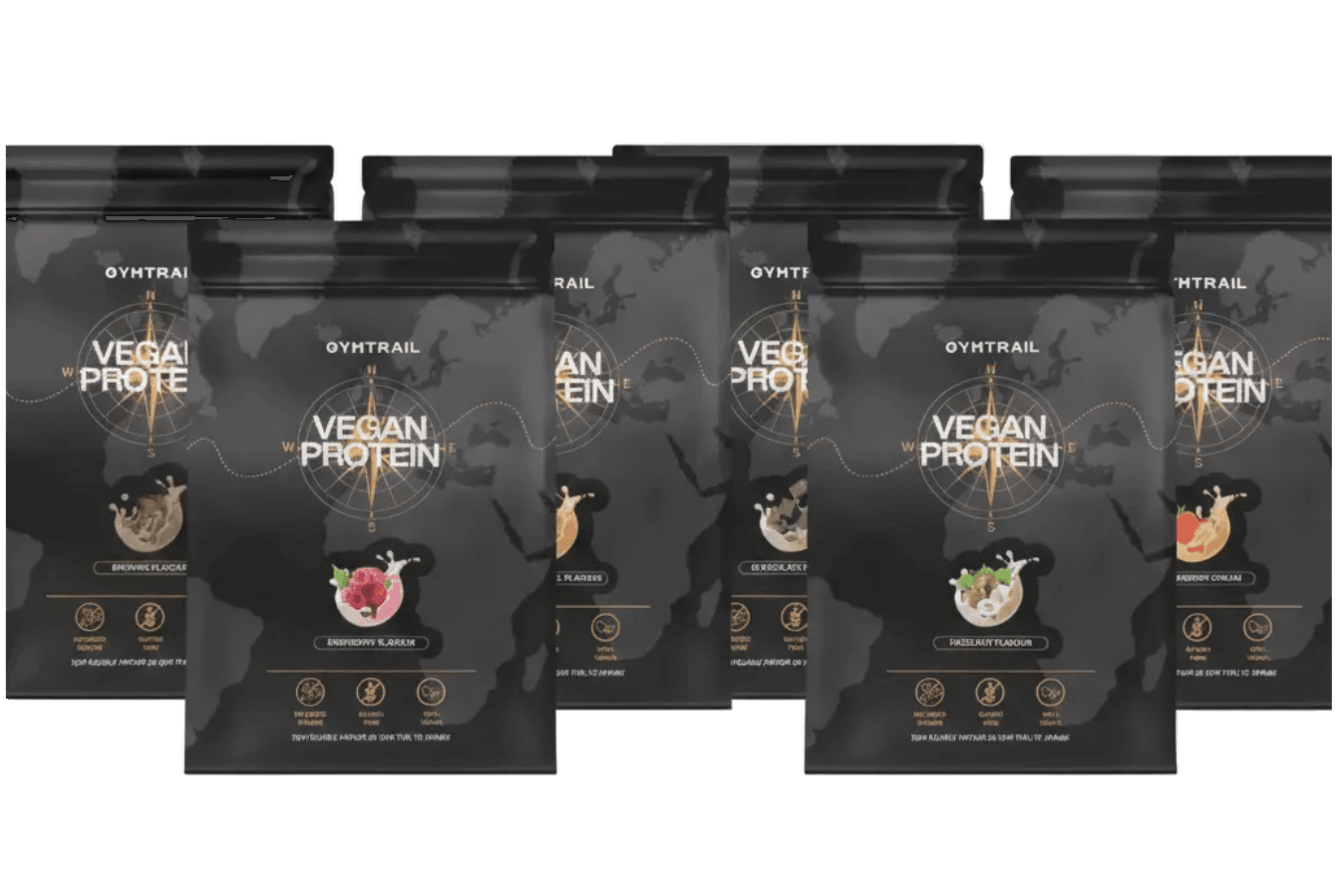 Sieben schwarze Beutel mit veganem Proteinpulver von OYHTRAIL in verschiedenen Geschmacksrichtungen sind in zwei Reihen vor einem hellen Hintergrund angeordnet. Jeder Beutel zeigt Symbole und Geschmacksbilder wie Schokolade und Früchte.