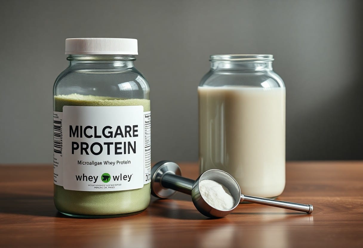Ein Glas mit der Aufschrift MICLGARE PROTEIN, das grünliches Pulver enthält, steht neben einer Schaufel mit Pulver und einem Glas mit einer cremig-weißen Flüssigkeit auf einer Holzfläche.