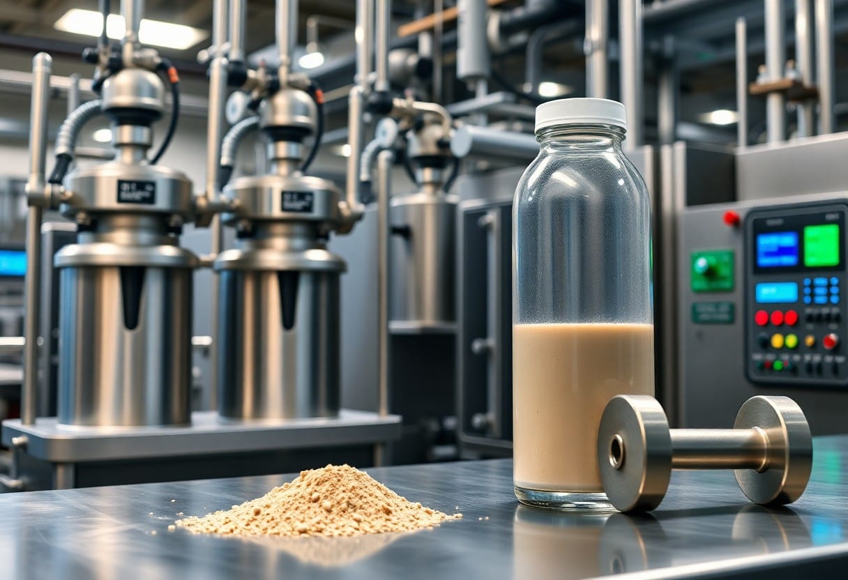 Eine Glasflasche mit einem Eiweißshake, ein Haufen Eiweißpulver und eine Metallhantel liegen auf einem Tisch aus Edelstahl in einer modernen, industriellen Lebensmittelverarbeitungsanlage mit Maschinen im Hintergrund.