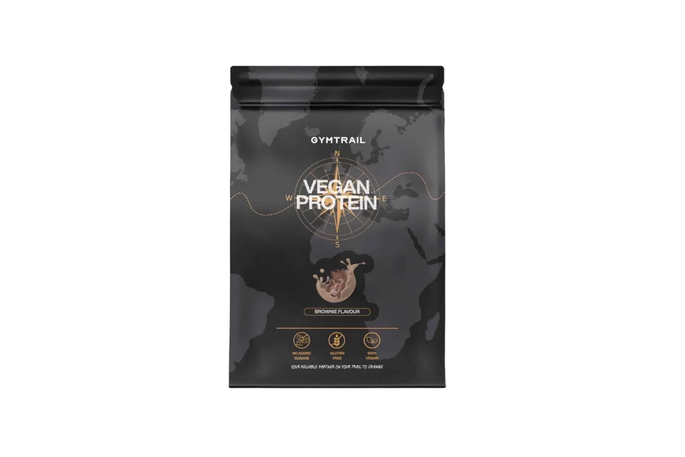 Ein schwarzer, wiederverschließbarer Beutel mit der Aufschrift VEGAN PROTEIN von GYMTRAIL, mit einer Kompassgrafik und 