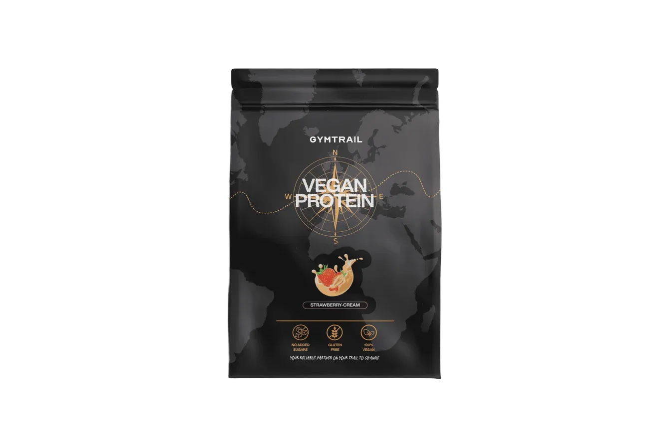 Schwarze Verpackung von Gymtrail Vegan Protein mit einer Weltkarte im Hintergrund, einer Kompassgrafik und einer Illustration von Erdbeeren und Sahne. Die Symbole am unteren Rand heben die Nährwerte, den hohen Proteingehalt und den Geschmack hervor.
