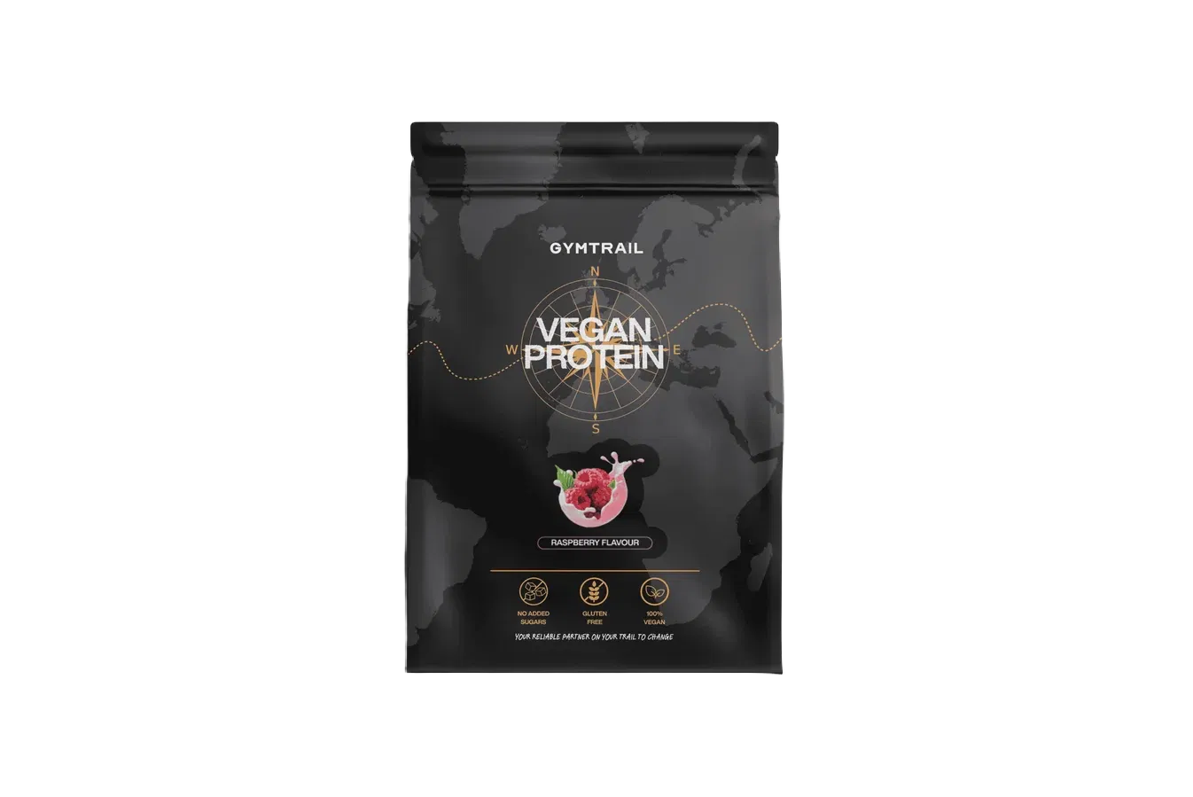 Ein schwarzer, wiederverschließbarer Beutel mit der Aufschrift Gymtrail Vegan Protein in der Geschmacksrichtung Himbeere, mit einem Himbeerbild und Symbolen, die auf die Vorteile für Ernährung, Immunität und Muskelaufbau hinweisen, mit einem Hintergrund aus einer Weltkarte.