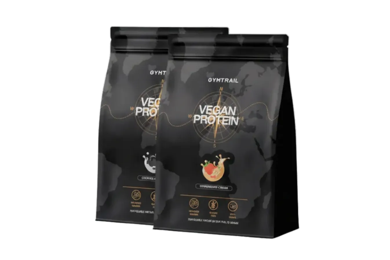 Zwei schwarze Beutel mit Gymtrail Vegan Protein sind nebeneinander abgebildet und zeigen verschiedene Geschmacksrichtungen - Kokosnuss und Erdbeersahne - vor einem dezenten Hintergrund mit einer Weltkarte.