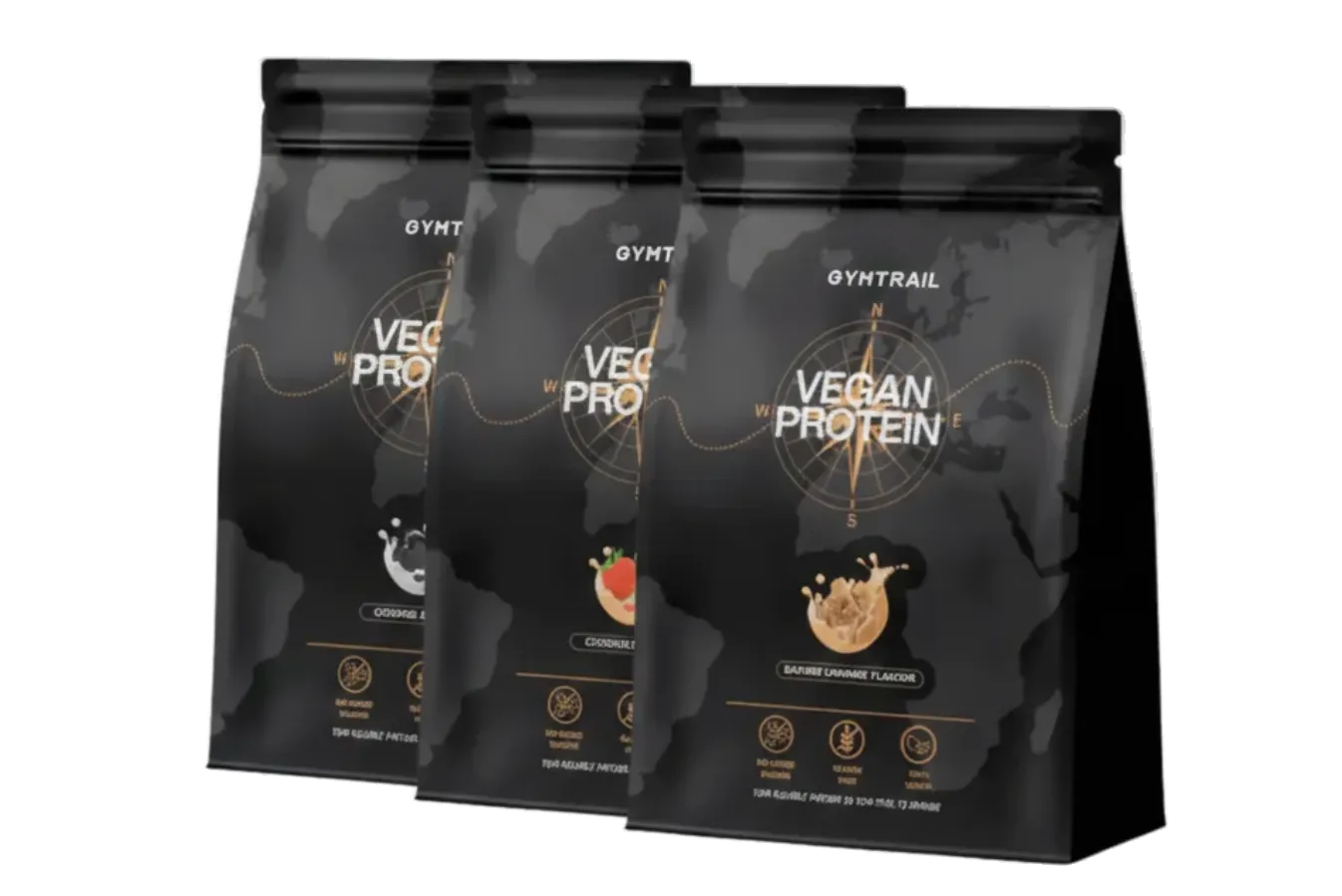 Drei schwarze Beutel mit veganem Proteinpulver von Gyhtrail werden präsentiert, jeder mit einer anderen Geschmacksrichtung: Schokolade, Erdbeere und Karamell. Die Verpackung weist minimalistische Designelemente und eine Kompassgrafik auf.