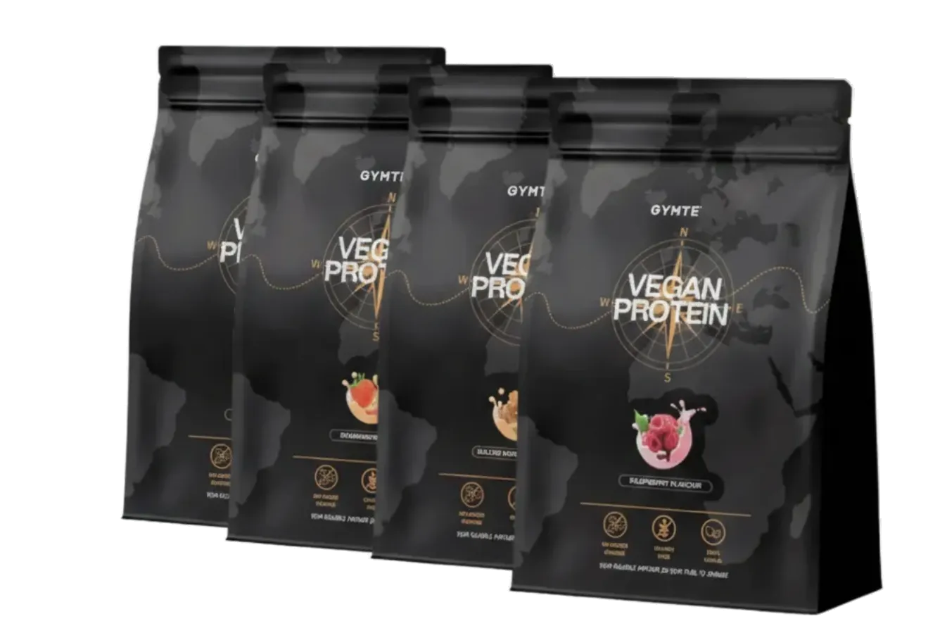 Vier schwarze Beutel mit veganem Proteinpulver sind in einer Reihe ausgestellt, die jeweils mit verschiedenen Geschmacksrichtungen und goldenen Akzenten versehen sind. Auf der Verpackung stehen der Markenname 