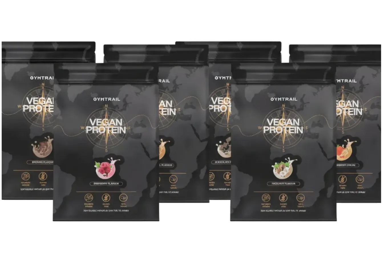 Sieben schwarze Beutel mit veganem Proteinpulver von OYHTRAIL in verschiedenen Geschmacksrichtungen sind in zwei Reihen vor einem hellen Hintergrund angeordnet. Jeder Beutel zeigt Symbole und Geschmacksbilder wie Schokolade und Früchte.