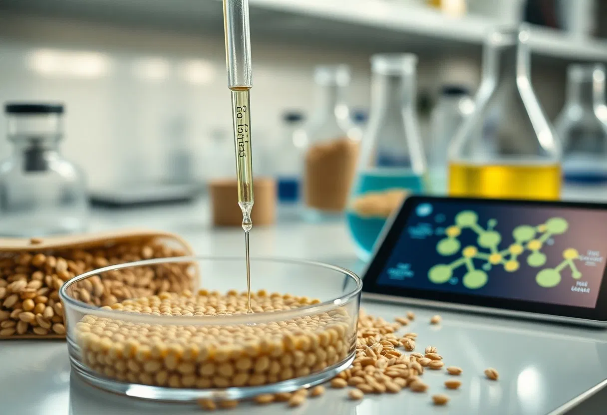 Eine Pipette gibt Flüssigkeit in eine mit Körnern gefüllte Petrischale ab. Auf dem Labortisch im Hintergrund sind wissenschaftliche Glasgeräte, Körner und ein digitales Tablet zu sehen, auf dem ein Moleküldiagramm dargestellt ist.