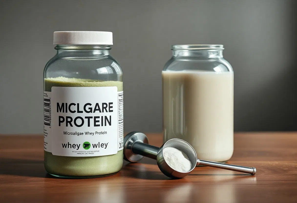 Ein Glas mit der Aufschrift MICLGARE PROTEIN, das grünliches Pulver enthält, steht neben einer Schaufel mit Pulver und einem Glas mit einer cremig-weißen Flüssigkeit auf einer Holzfläche.