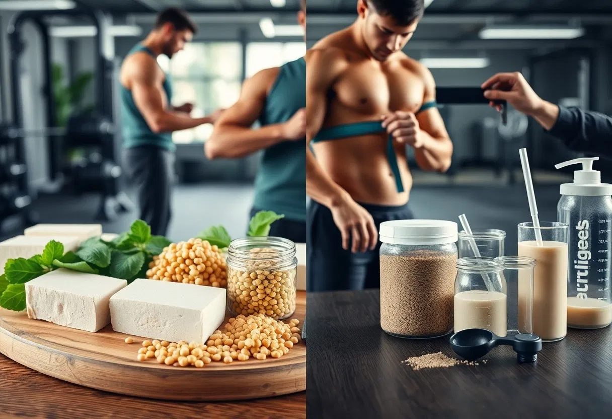 Ein geteiltes Bild, das auf der einen Seite Tofu, Sojabohnen und Eiweißpulver zeigt, und auf der anderen Seite zwei Männer in einem Fitnessstudio, die den Brustumfang messen, während im Vordergrund Eiweißgetränke und Nahrungsergänzungsmittel auf einem Tisch stehen.