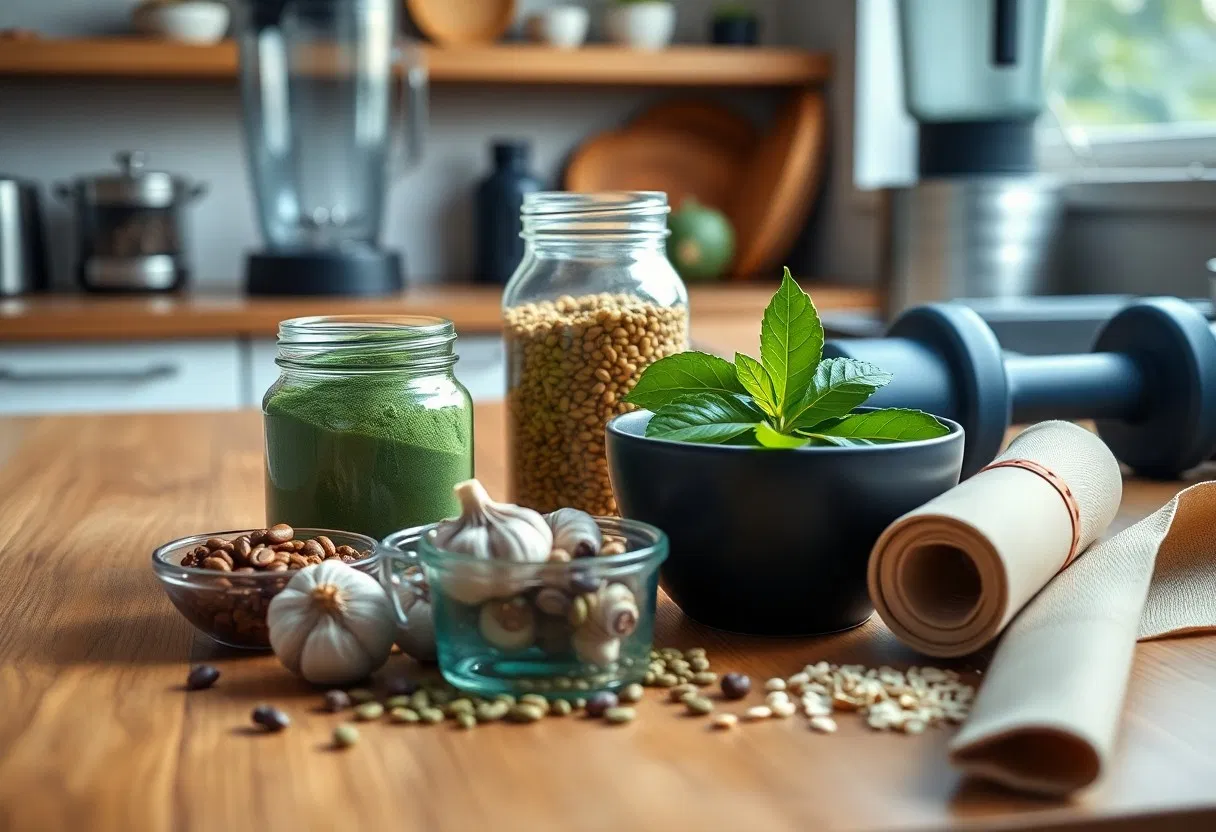 Auf einer Küchenarbeitsplatte stehen Gläser mit Körnern und grünem Pulver, eine Schale mit frischen grünen Blättern, Knoblauchzwiebeln, verschiedene Samen, eine Glasschale mit Nüssen, eine gerollte Yogamatte und eine Hantel im Hintergrund.