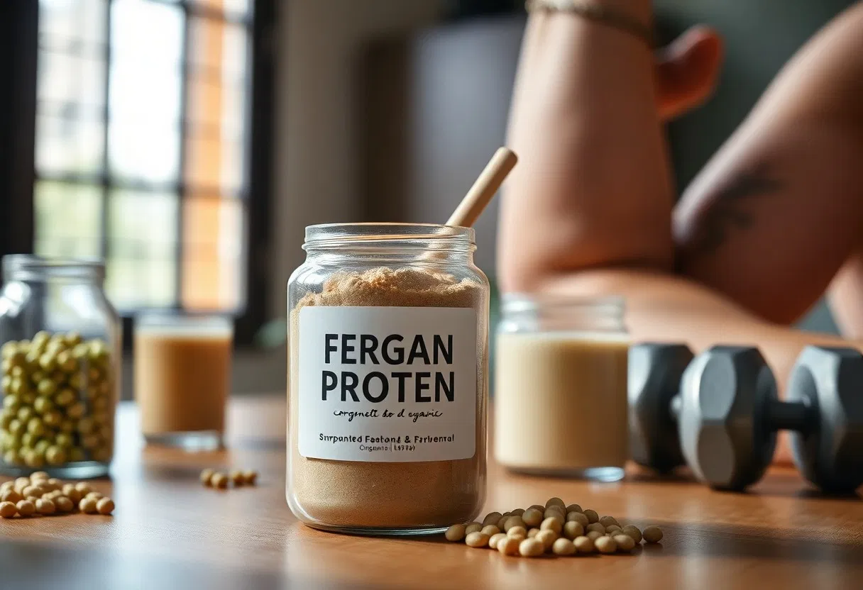 Auf einem Tisch mit Sojabohnen, zwei Gläsern eines beigen Getränks und zwei Hanteln steht ein Glas mit der Aufschrift Fergan Proten mit Pulver und einer Schaufel, im Hintergrund sind die Beine einer Person zu sehen.