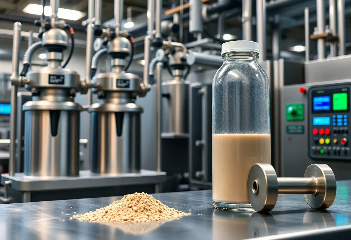Eine Glasflasche mit einem Eiweißshake, ein Haufen Eiweißpulver und eine Metallhantel liegen auf einem Tisch aus Edelstahl in einer modernen, industriellen Lebensmittelverarbeitungsanlage mit Maschinen im Hintergrund.