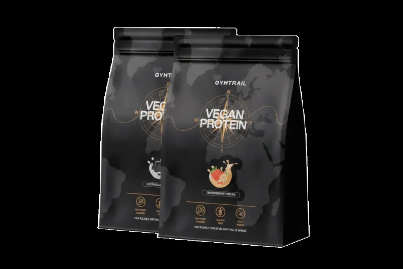 Zwei schwarze Beutel mit Gymtrail Vegan Protein sind nebeneinander abgebildet und zeigen verschiedene Geschmacksrichtungen - Kokosnuss und Erdbeersahne - vor einem dezenten Hintergrund mit einer Weltkarte.