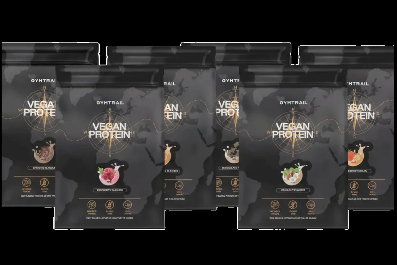Sieben schwarze Beutel mit veganem Proteinpulver von OYHTRAIL in verschiedenen Geschmacksrichtungen sind in zwei Reihen vor einem hellen Hintergrund angeordnet. Jeder Beutel zeigt Symbole und Geschmacksbilder wie Schokolade und Früchte.